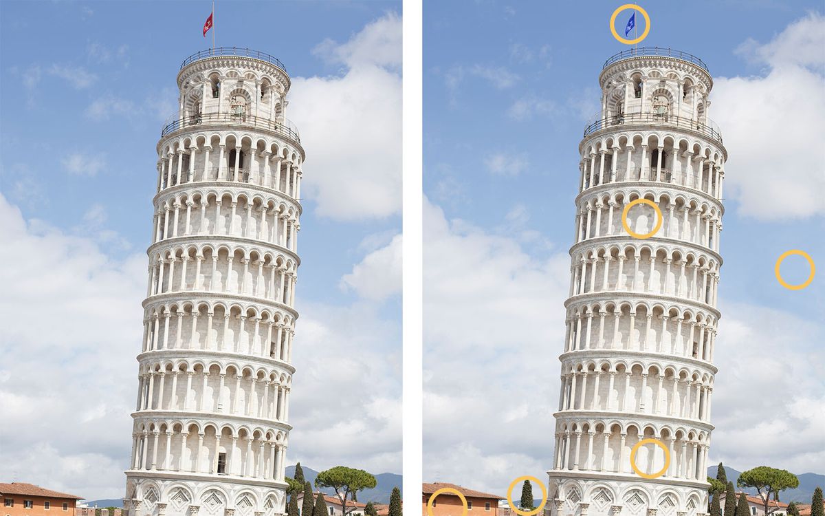 The leaning tower of Pisa. Two of the same images, showing the differences.
