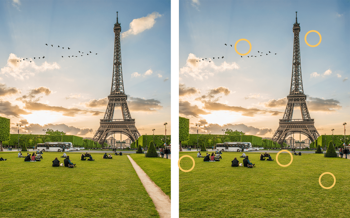 Eiffel Tower in Paris, France. Two of the same images, showing the differences.