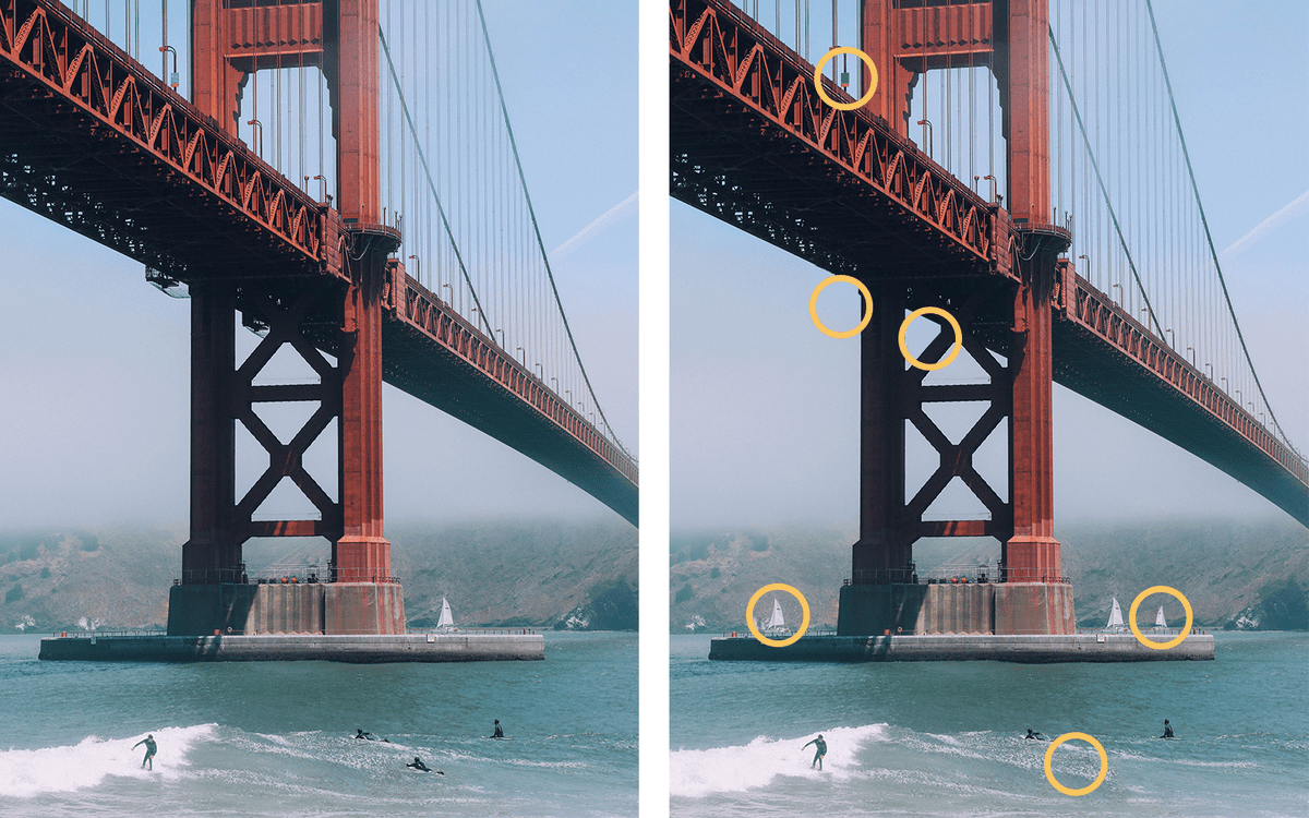 Golden Gate bridge in San Francisco, California. Two of the same images, showing the differences.