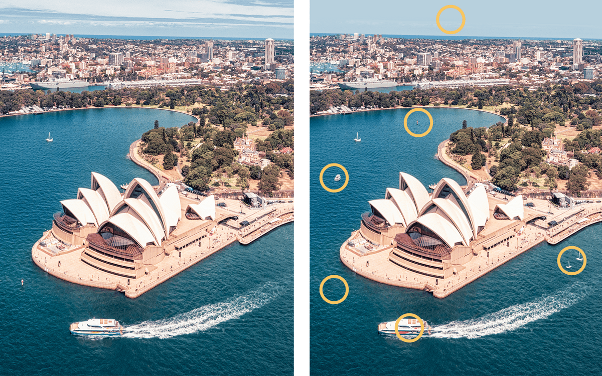 The Sydney Opera House and Harbor in Australia. Two of the same images, showing the differences.
