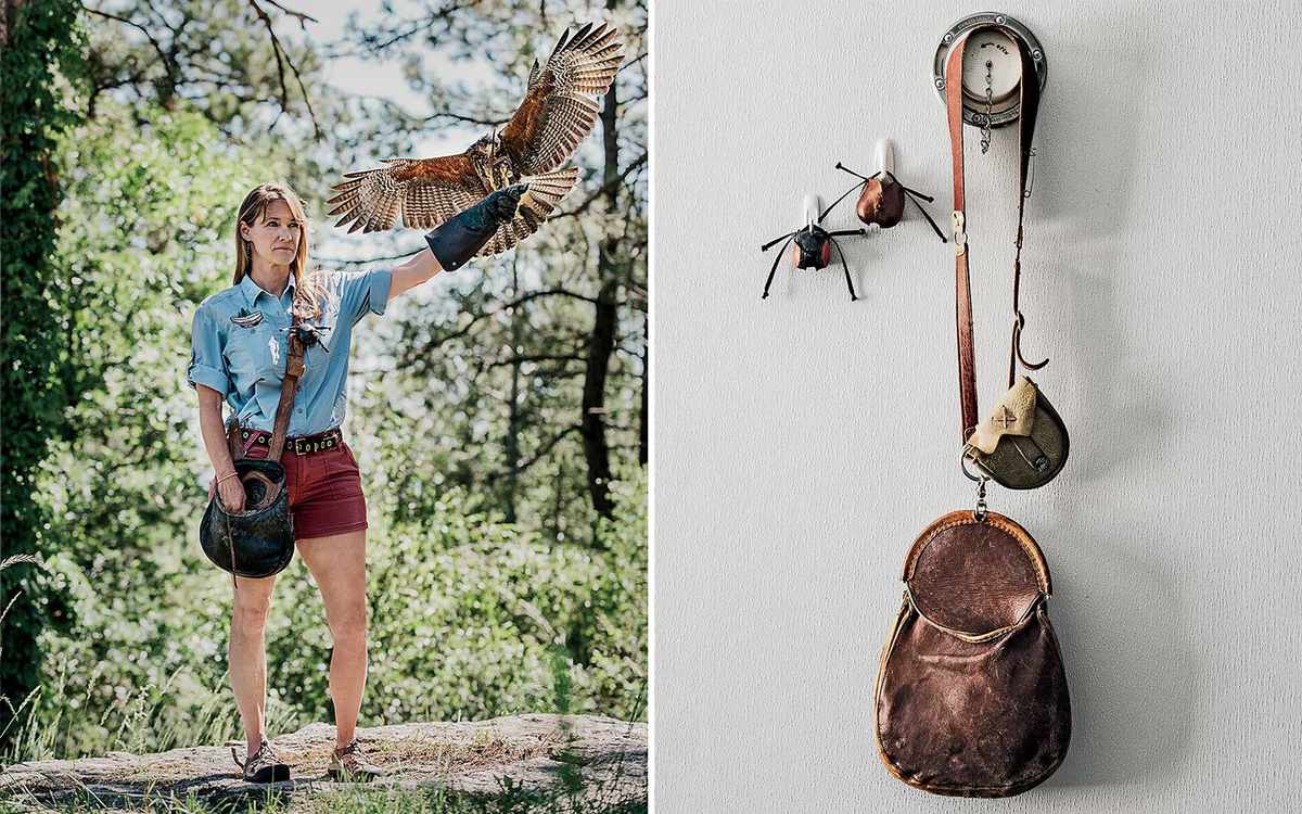 Scenes from the Broadmoor hotels falconry program, including a trainer, a falcon, and traditional gear
