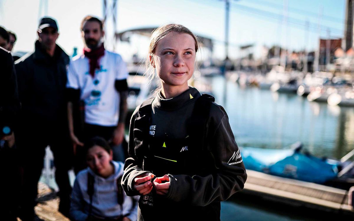 Swedish climate activist Greta Thunberg is pictured after disembarking from the catamaran La Vagabonde at the Santo Amaro docks in Lisbon