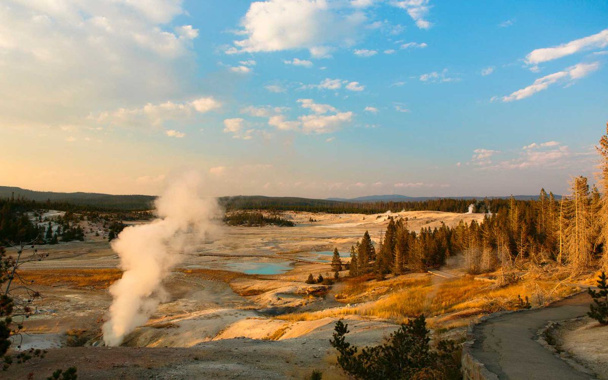 Steam rising from geyser in Yellowstone National Park, Wyoming, United States