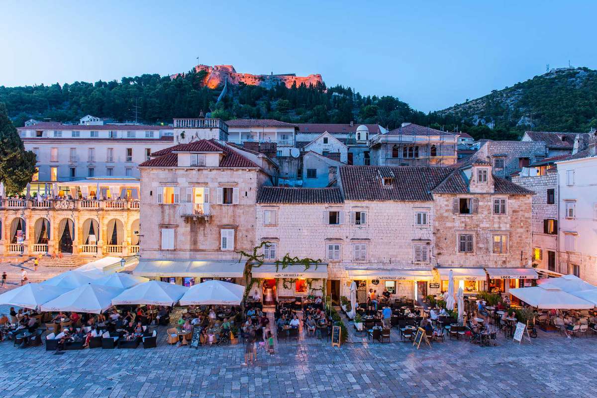 Town square and Spanish fortress in Hvar, Croatia