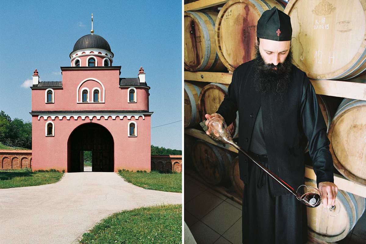 Pair of photos showing a pink monastery, and a monk dressed in black sampling wine, both from Serbia