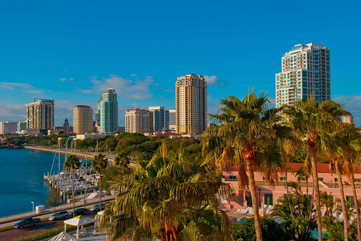 City skyline overlooks The Renaissance Vinoy and marina in downtown St. Petersburg, Florida