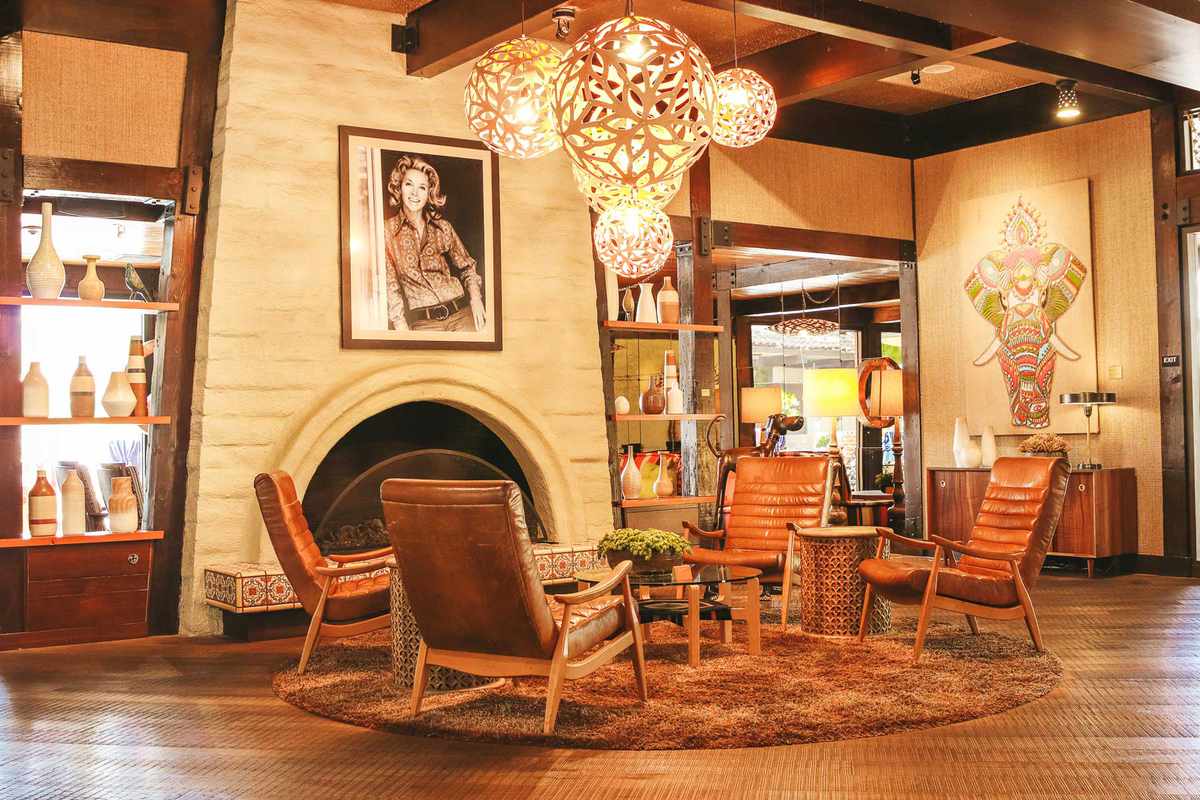 Fireplace and lounge area at The Garland hotel in Los Angeles