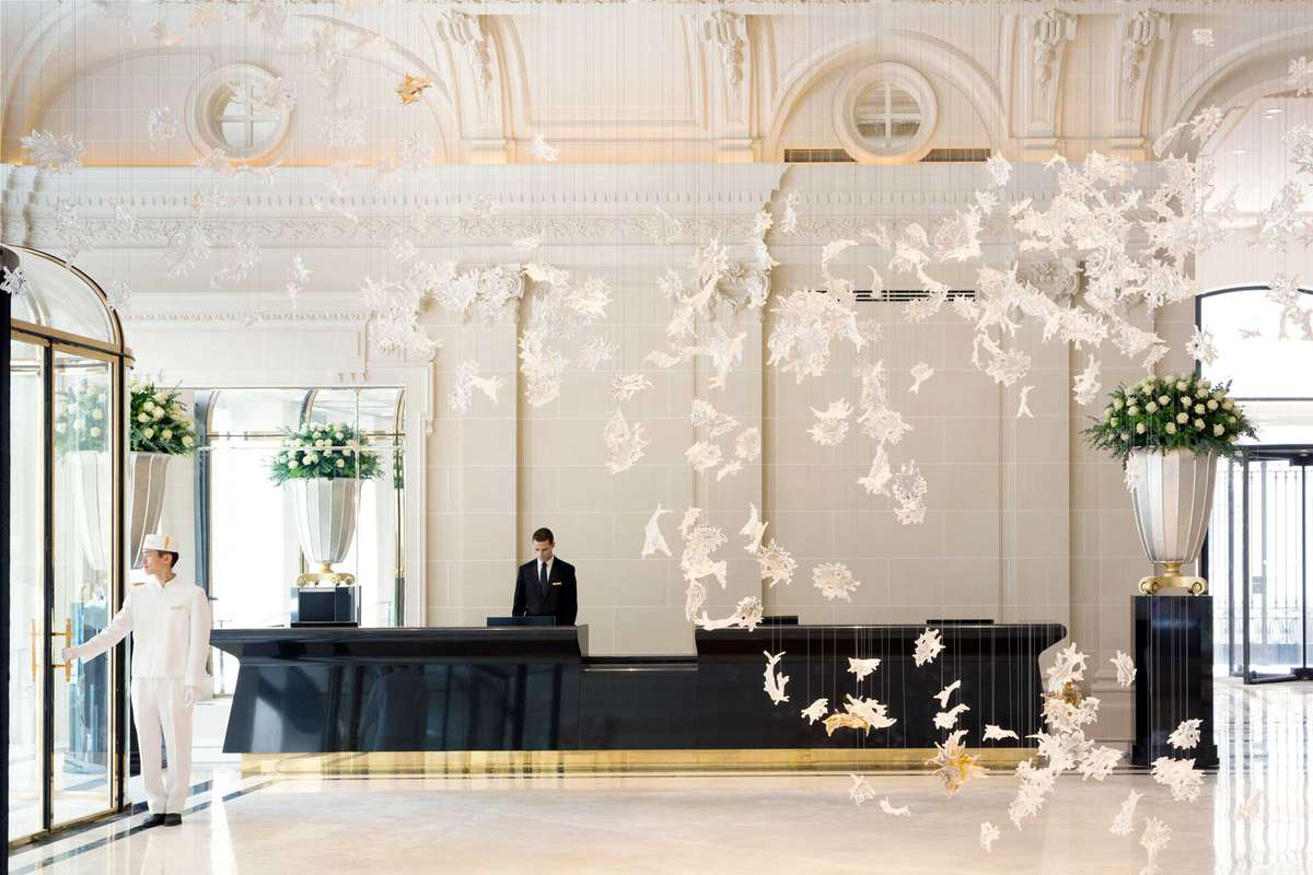 Dancing leaves art installation in the lobby of The Peninsula Paris hotel