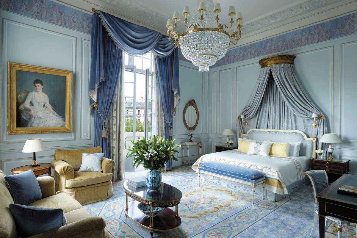 Ornately decorated room at the Shangri-La, Paris luxury hotel