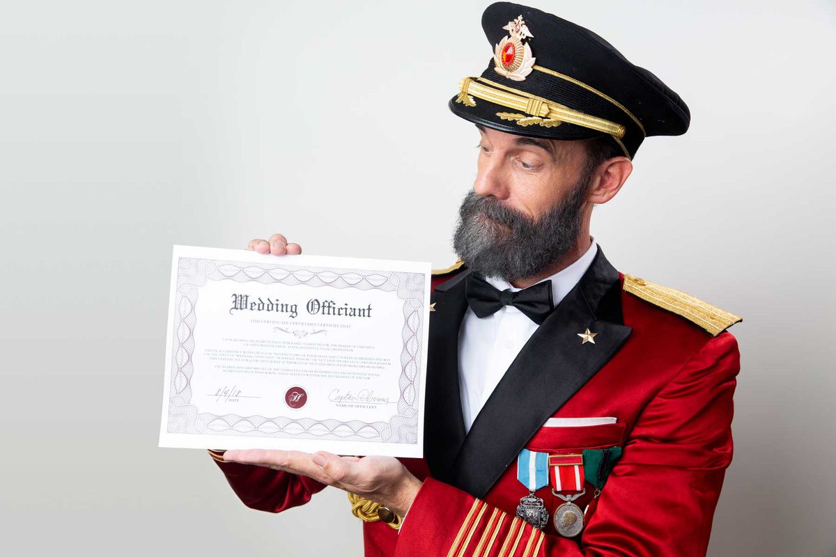 Captain Obvious of Hotels.com with a Wedding Officiant certificate
