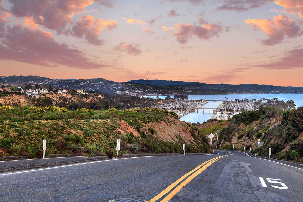Road and sunset in Dana Point, California