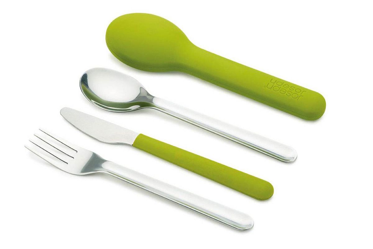 Green and stainless steel reusable cutlery