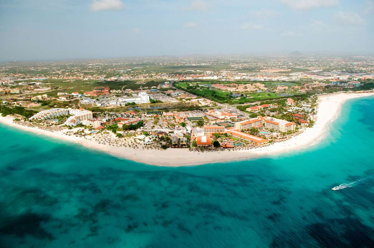Aerial photo of Aruba beach with crystal clear water