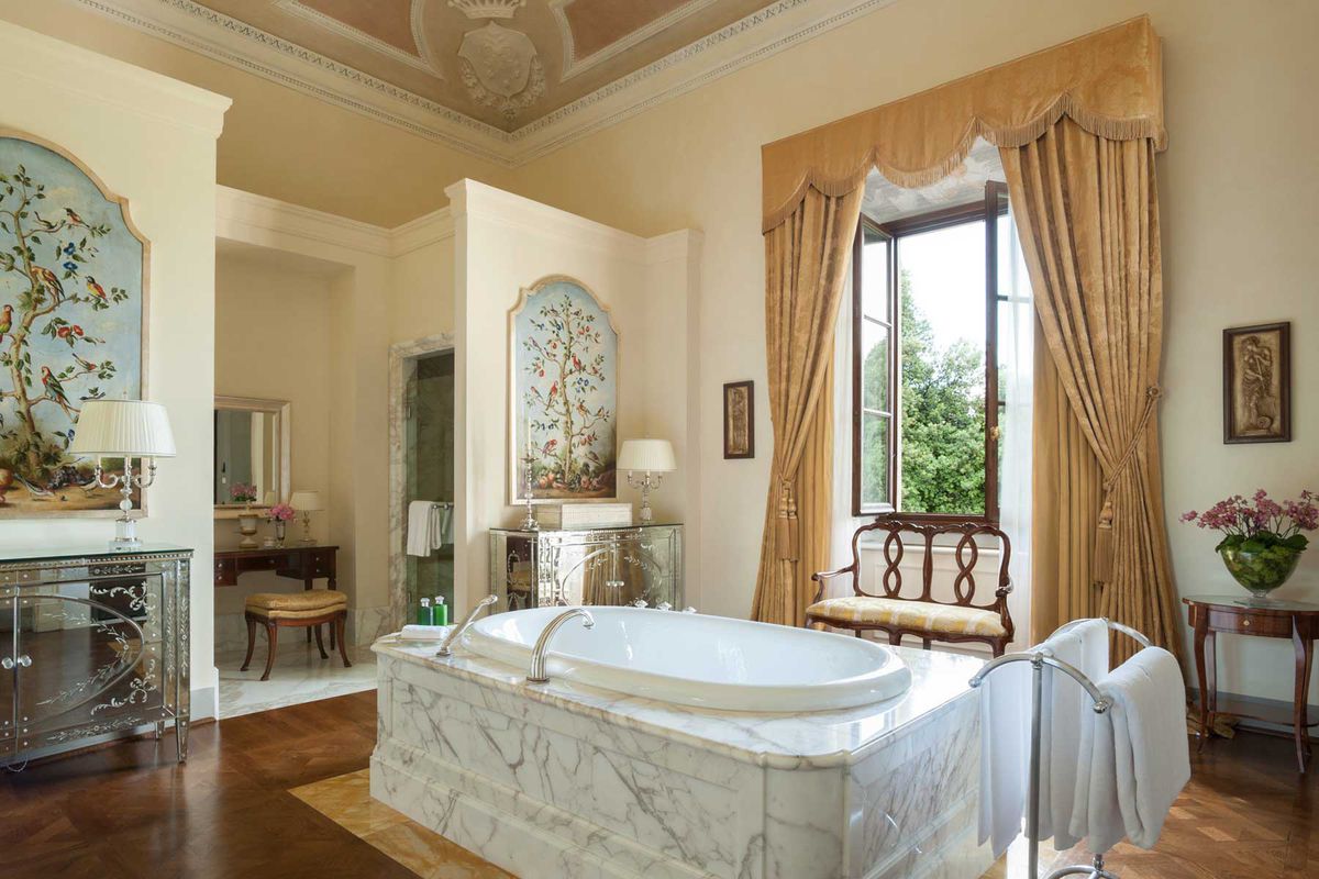 Ornate bathroom in a suite at the Four Seasons Hotels Firenze in Florence, Italy