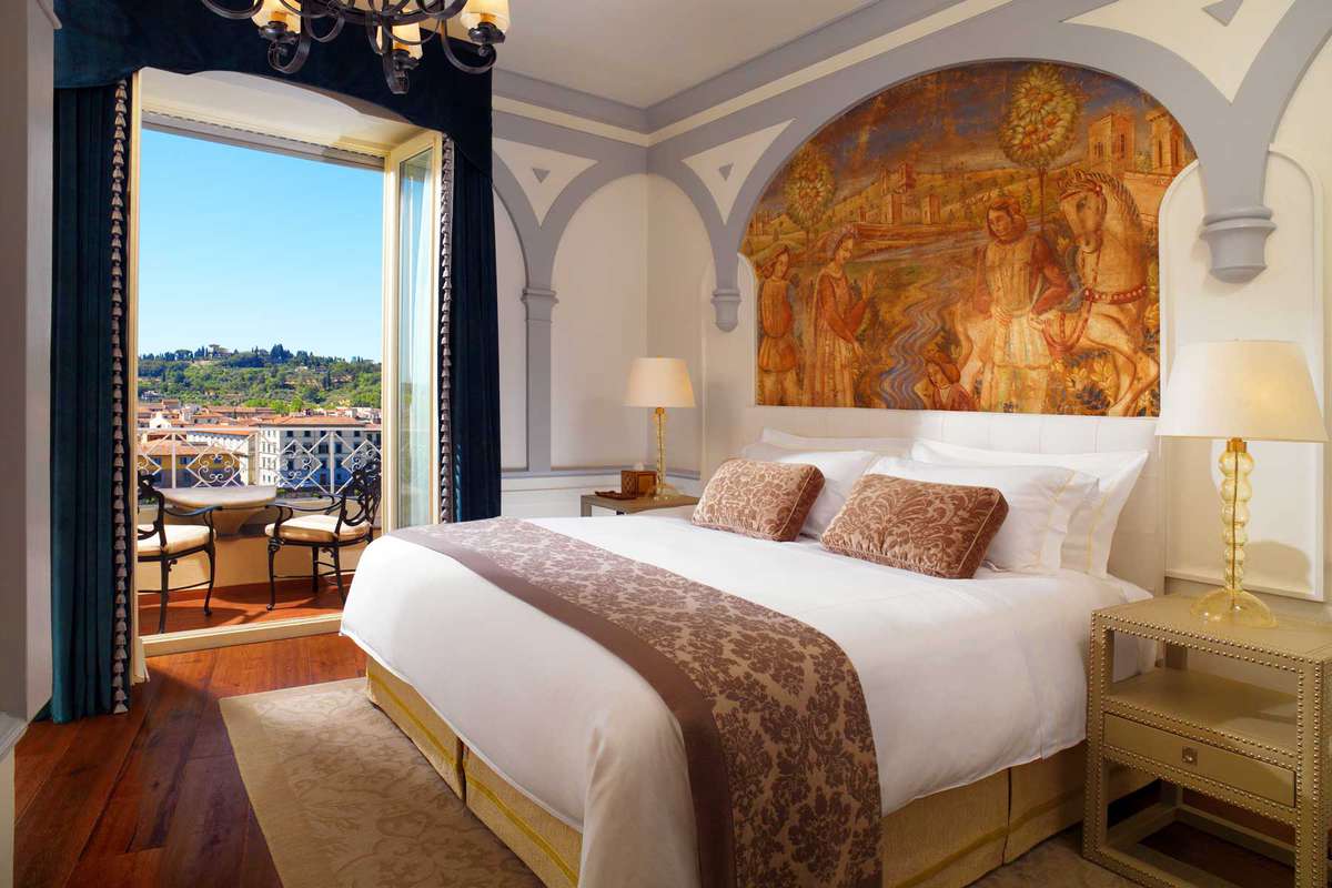 Guest room with a terrace at the St Regis hotel in Florence, Italy