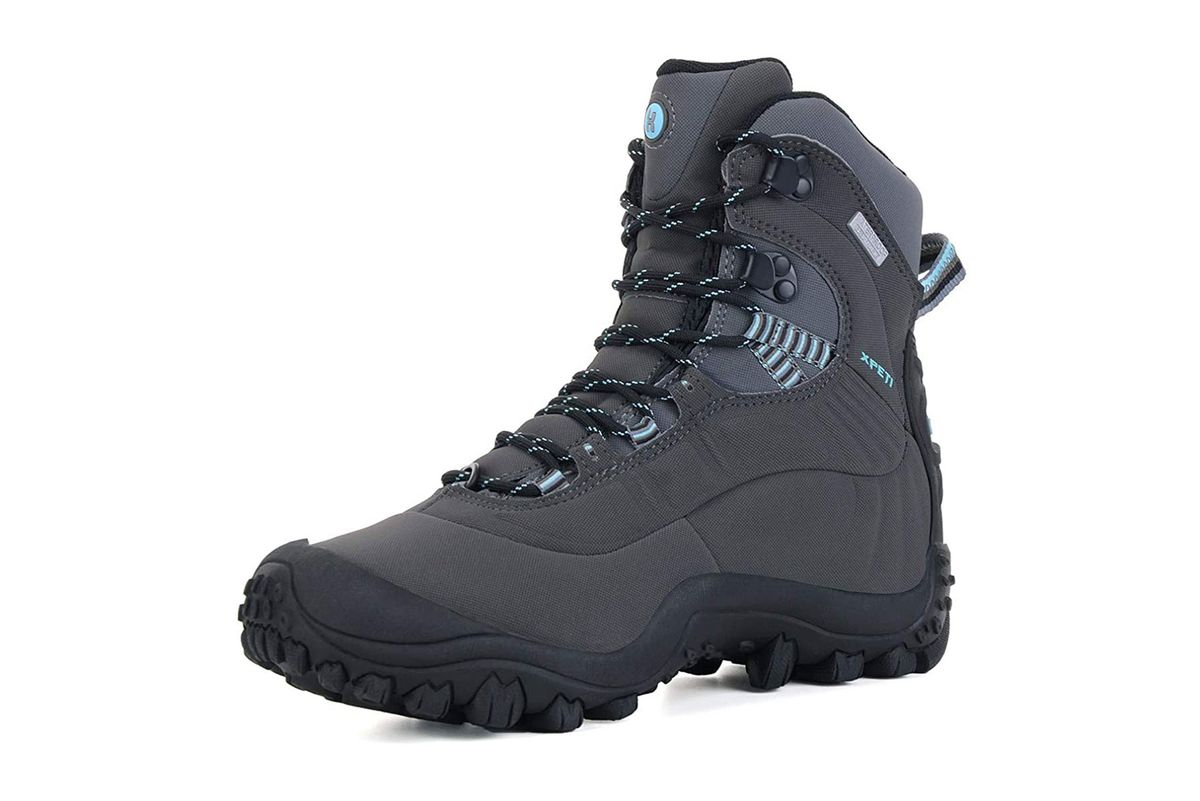 Grey and blue hiking boots