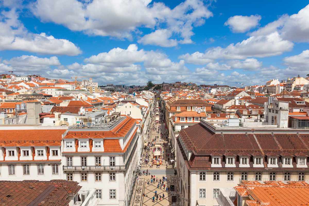 Aerial view of Augusta Street, near Commerce Square, in Lisbon, Portugal