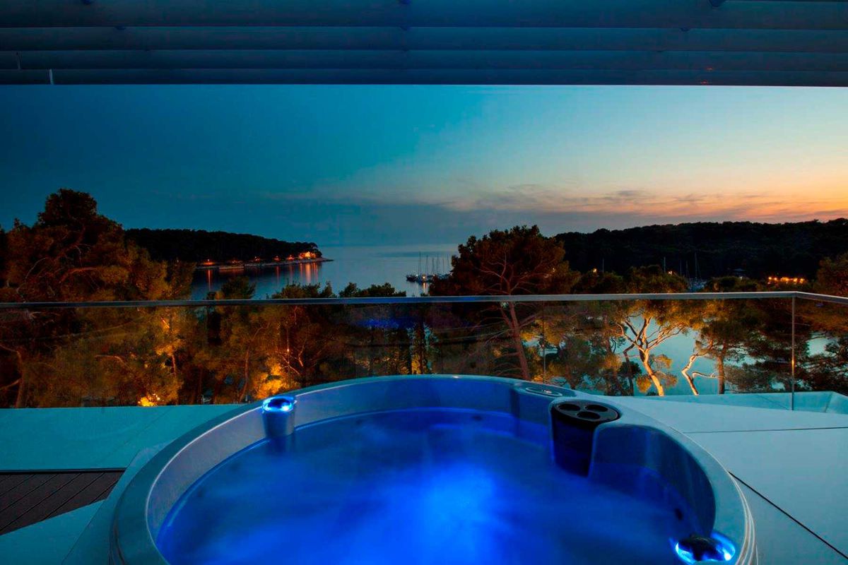 Hot tub at sunset at Hotel Bellevue, Mali Losinj, Croatia