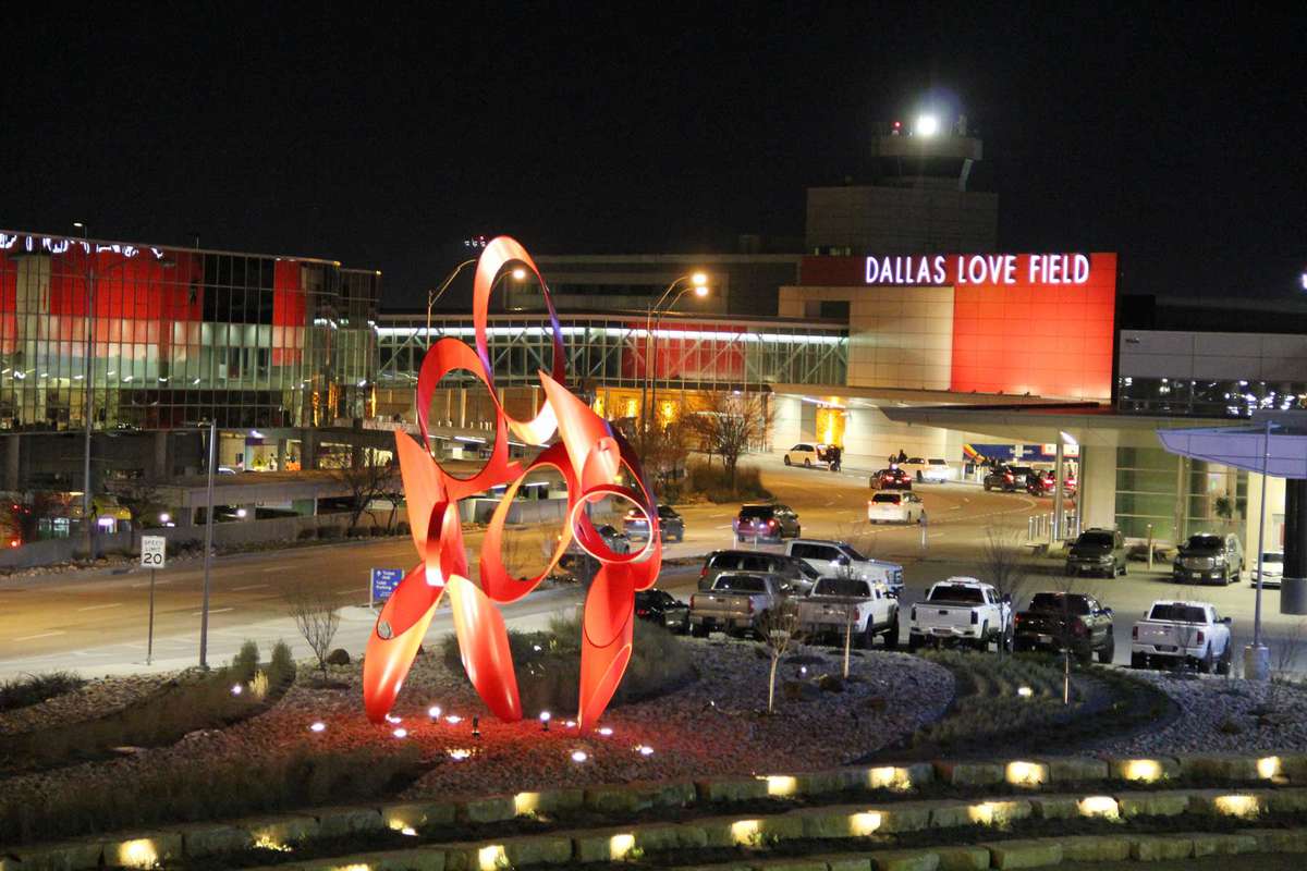 Exterior of the Dallas Love Field airport, in Dallas, Texas, at night