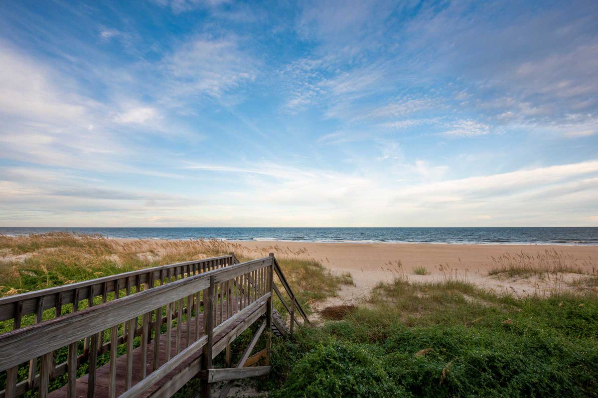 Boardwalk view of Ocean and dunes in Hilton Head, South Carolina,