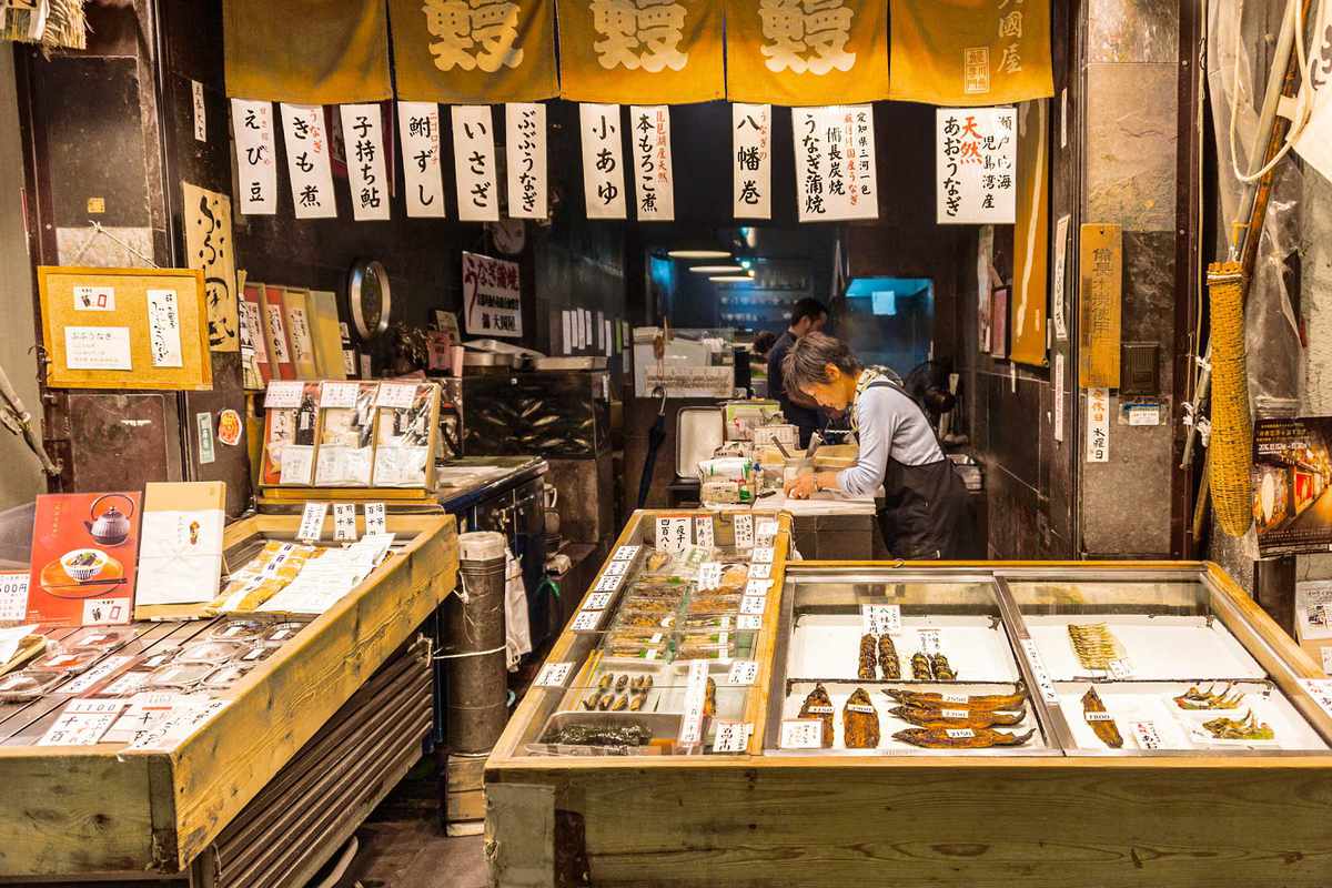 Fishmonger at Nishiki Market in Kyoto, Japan