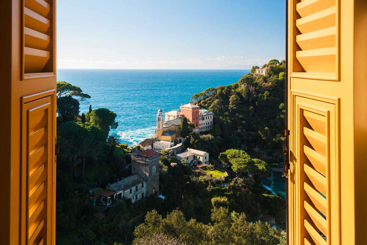 View from a window in Portofino, Italy of the sea