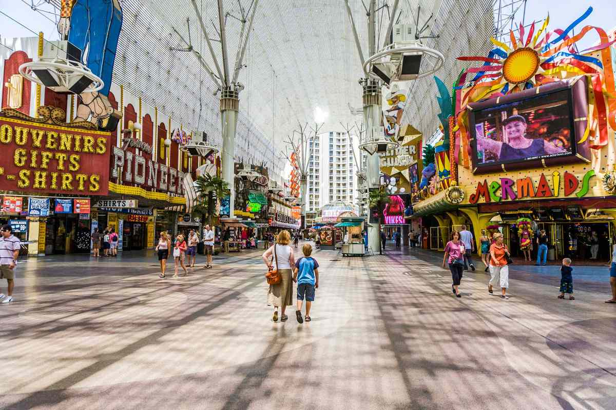 People visit on daytime famous old Freemont Street experience, downtown Las Vegas.
