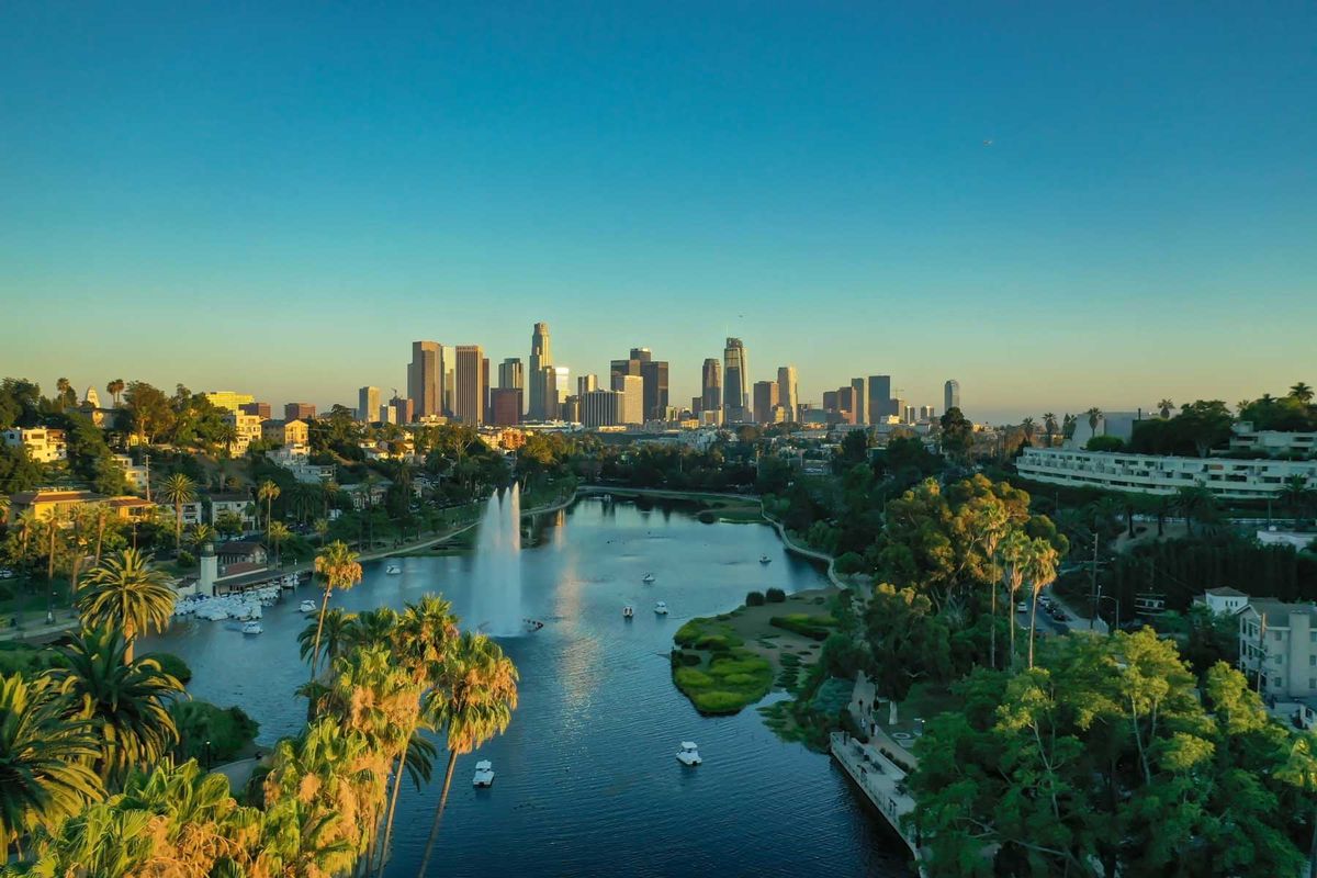 Amazing aerial view of Los Angeles from Echo Park during sunset
