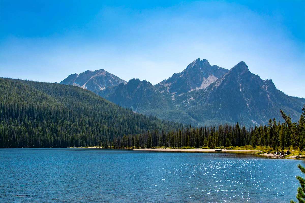 Scenic view of Stanley Lake and Sawtooth Mountains at Stanley Idaho