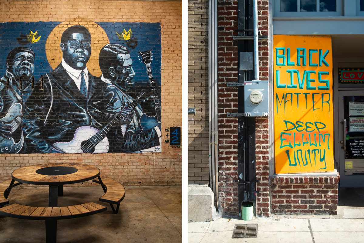 Left: A Radiator Alley mural depicting legendary jazz musicians Freddie King, Blind Lemon Jefferson, and TBone Walker, who once played in the Dallas neighborhood. Right: A mural for Black Lives Matter seen in Deep Ellum on July 23.