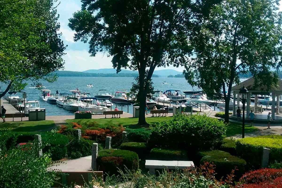 \Wolfeboro, New Hampshire park by the harbor with boats and trees