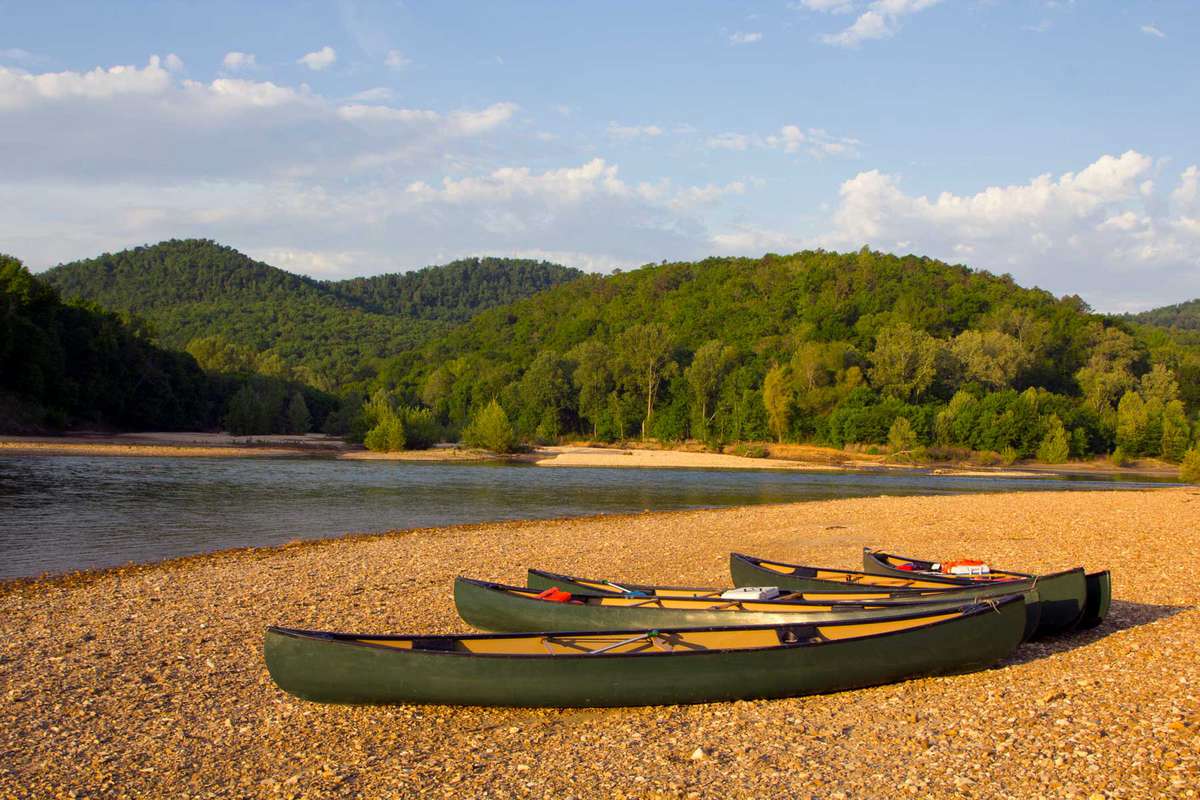 Canoes on the riverbank in Arkansas