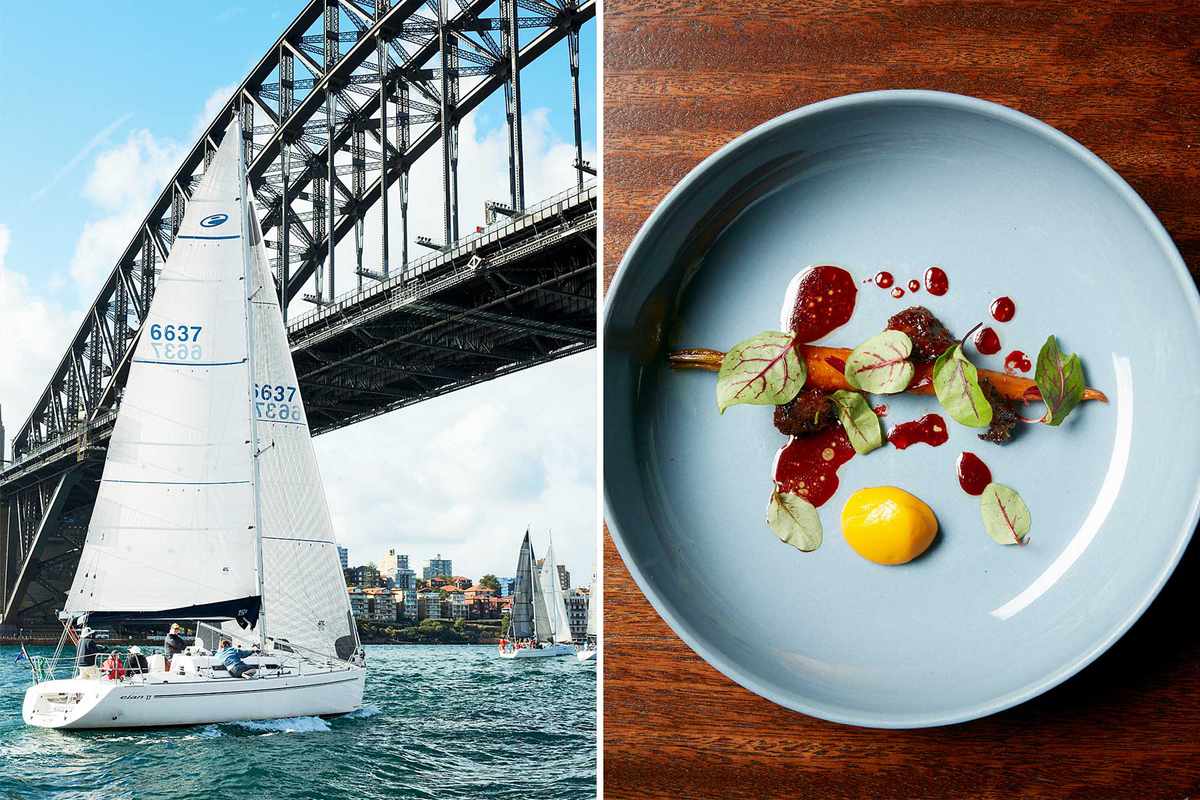 Photos from Sydney, Australia, including a view of sailboats on the Sydney Harbour and a dish from Momofuku Seibo