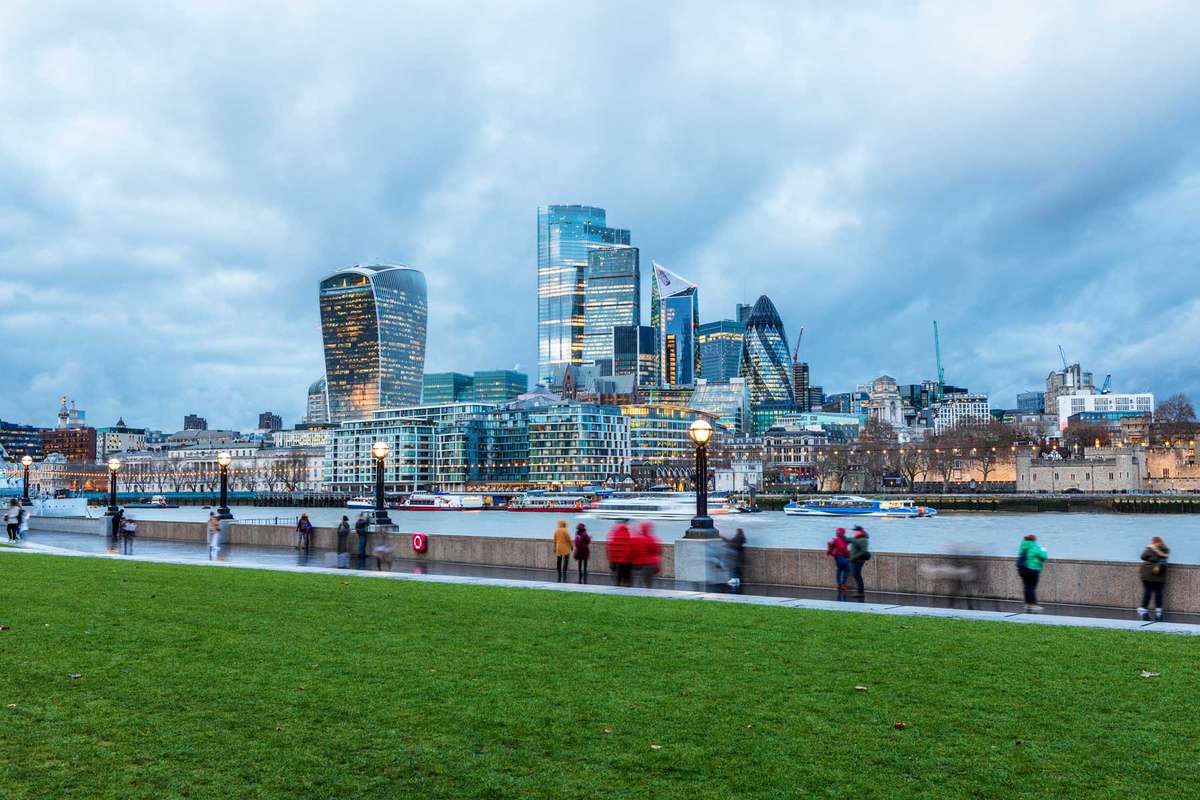 London city's financial district skyline during blue hour
