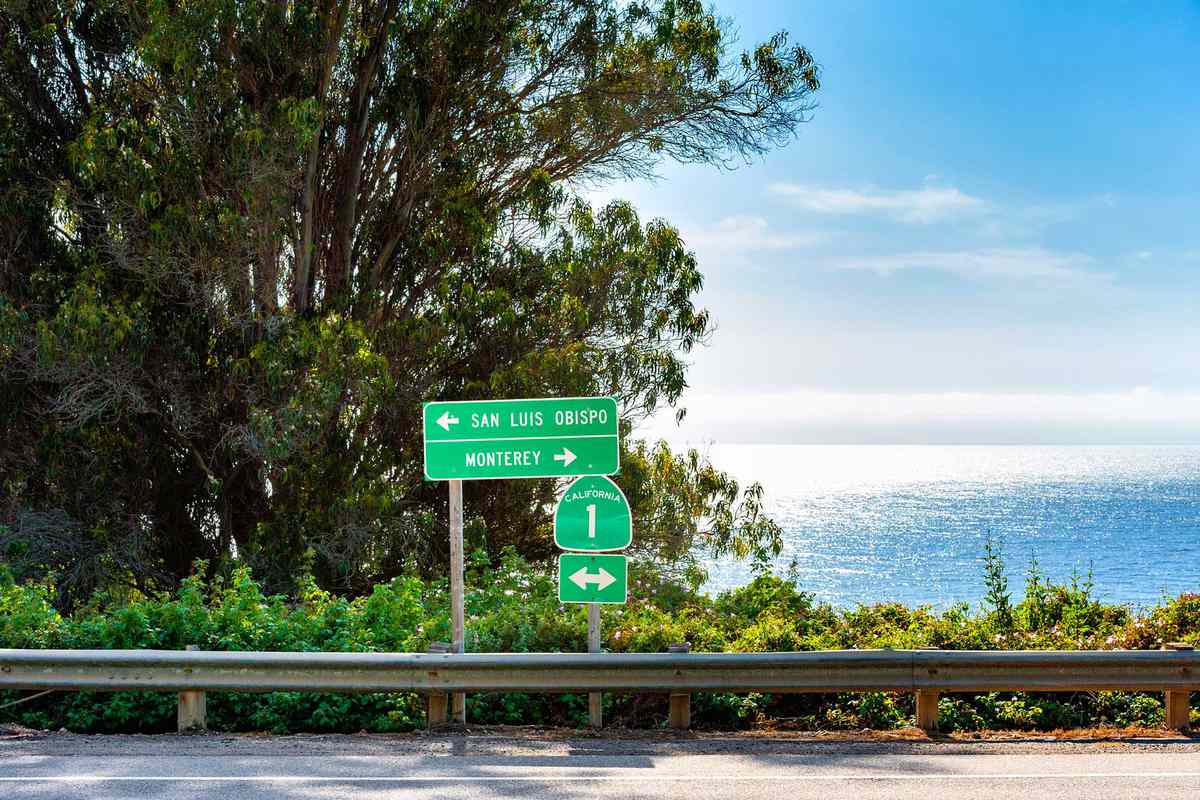 Directional Signs to San Luis Obispo and Monterey along Highway 1 in Big Sur, California