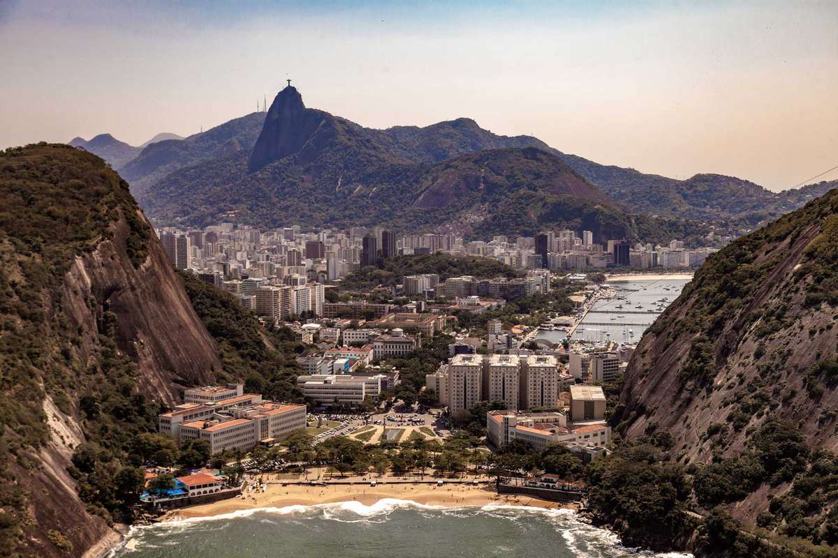 Inland facing aerial view of Rio de Janeiro, Brazil