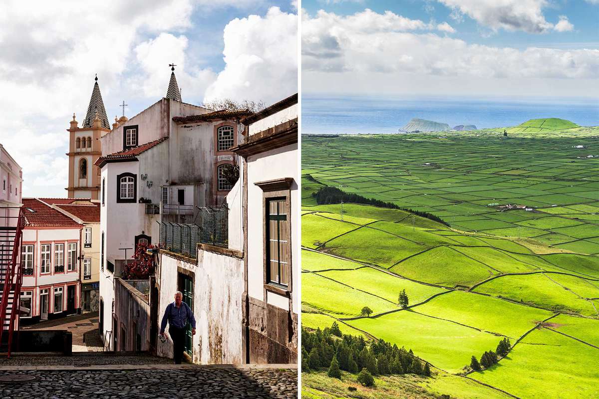 City streets and rural pastures on the island of Terceira, in the Azores, Portugal