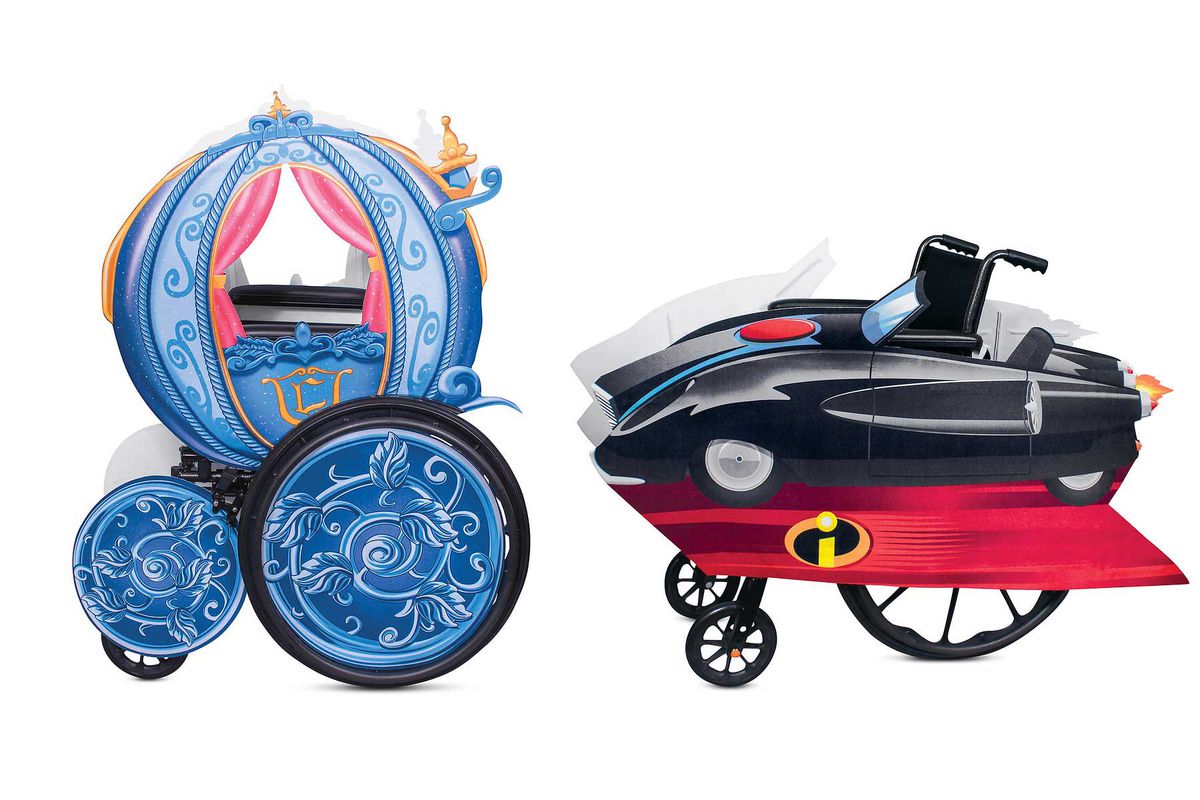 Two Disney made wheel chair fittings for halloween costumes depicting Cinderella's carriage and The Incredibles's car