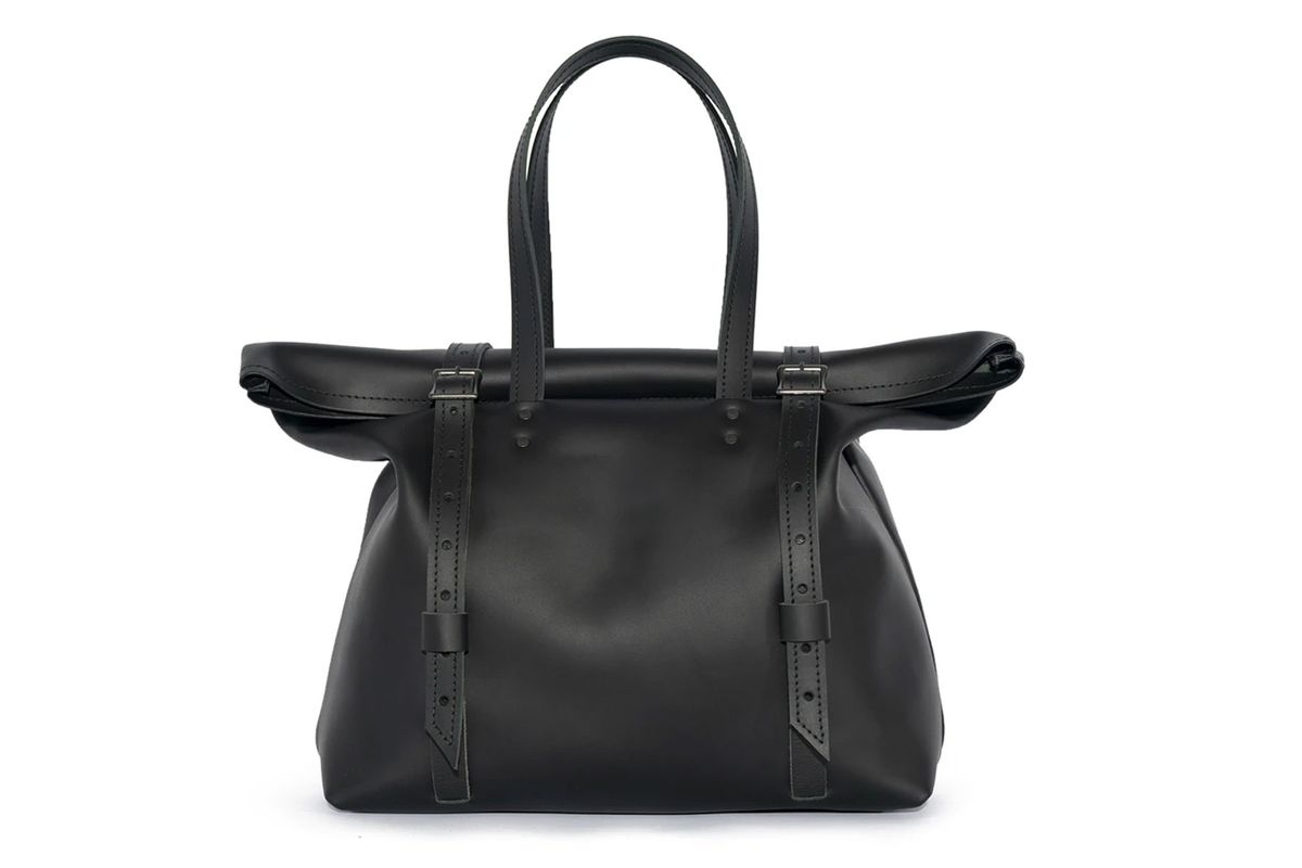 Black leather duffel bag