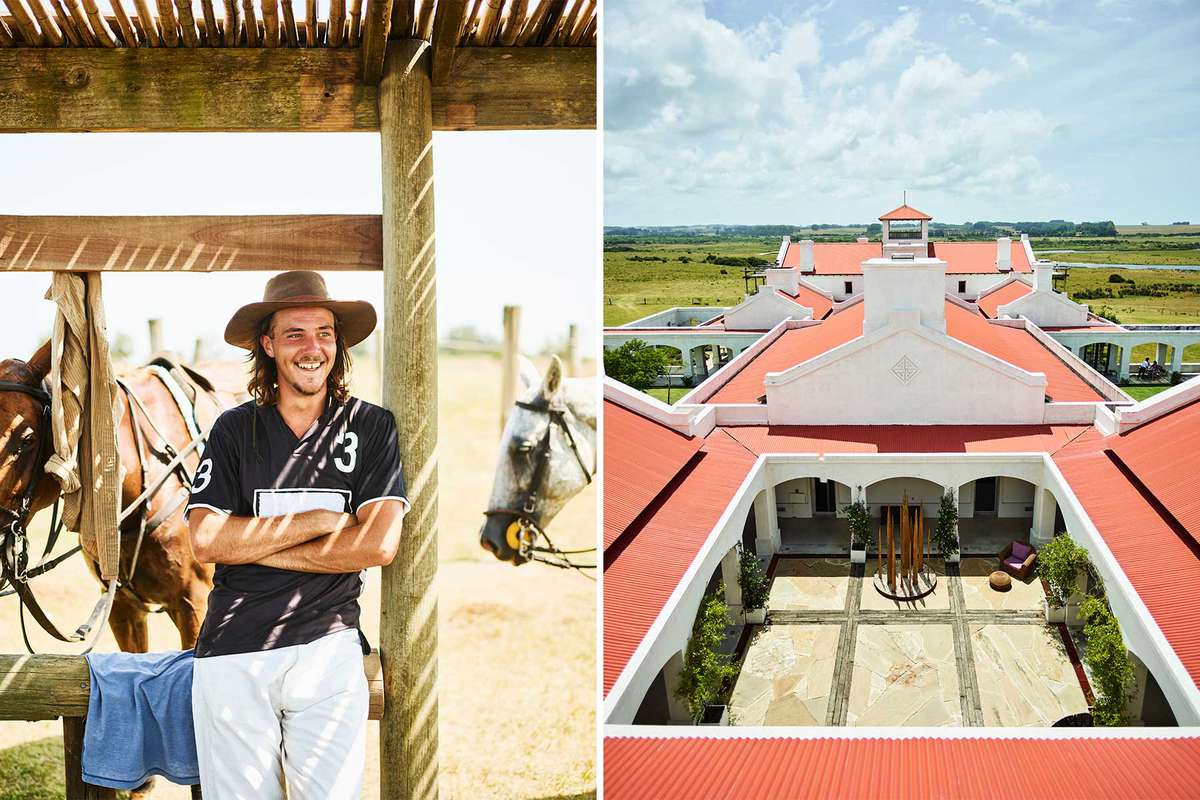 A polo player and an overview of the grounds at Estancia Vik, in Uruguay