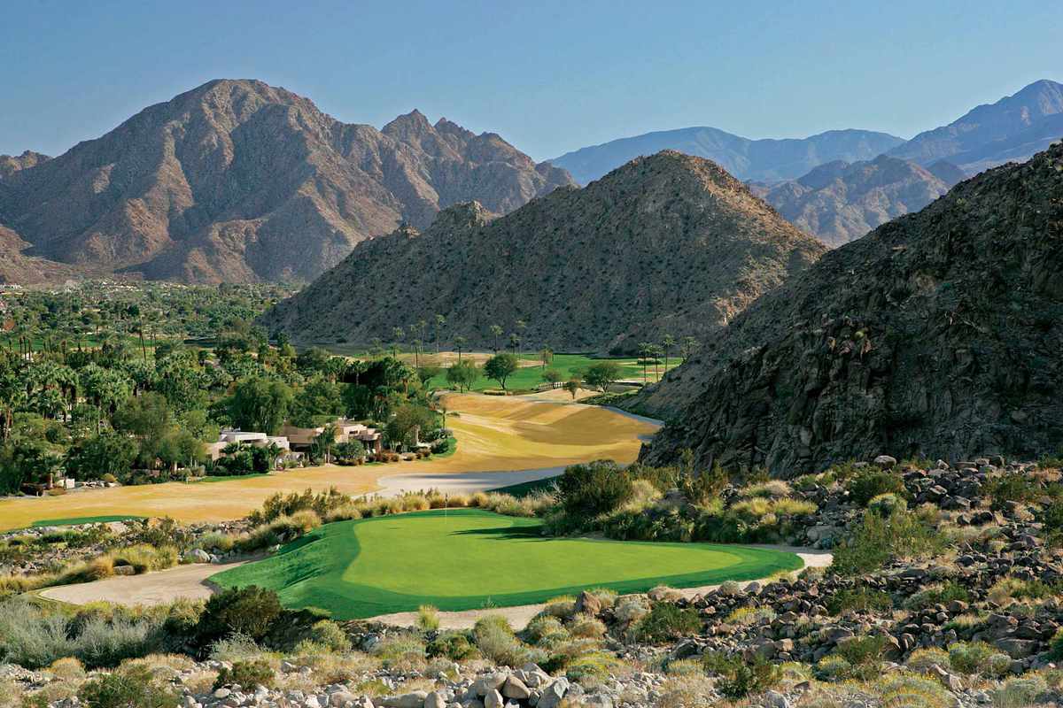 View of golf course and distant mountains at La Quinta Resort & Club in Palm Springs, California