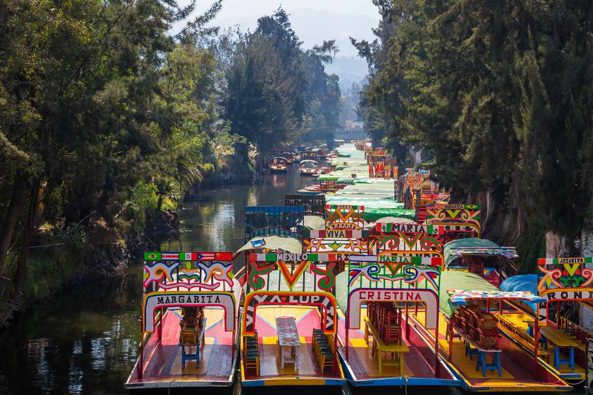 Bright, colorful boats in the Xochimilco canals in Mexico City