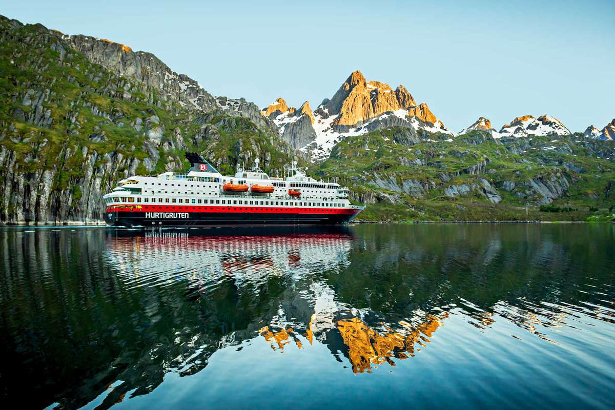 A Hurtigruten cruise ship in the Lofoten Islands of Norway
