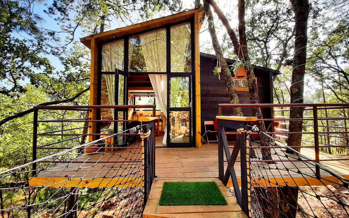 treehouse airbnb with glass door and wooden bridge