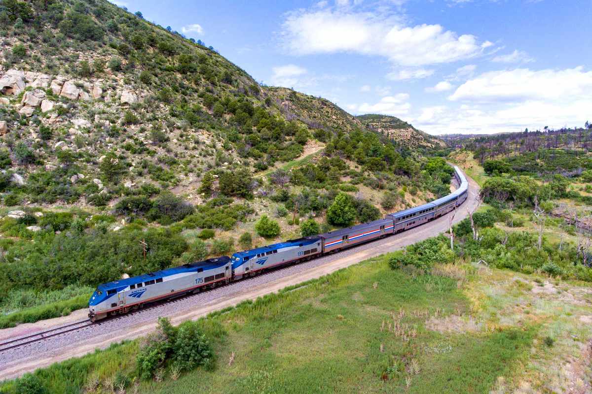 Southwest Chief Subliner Amtrak Train along the rocky high desert of Colorado
