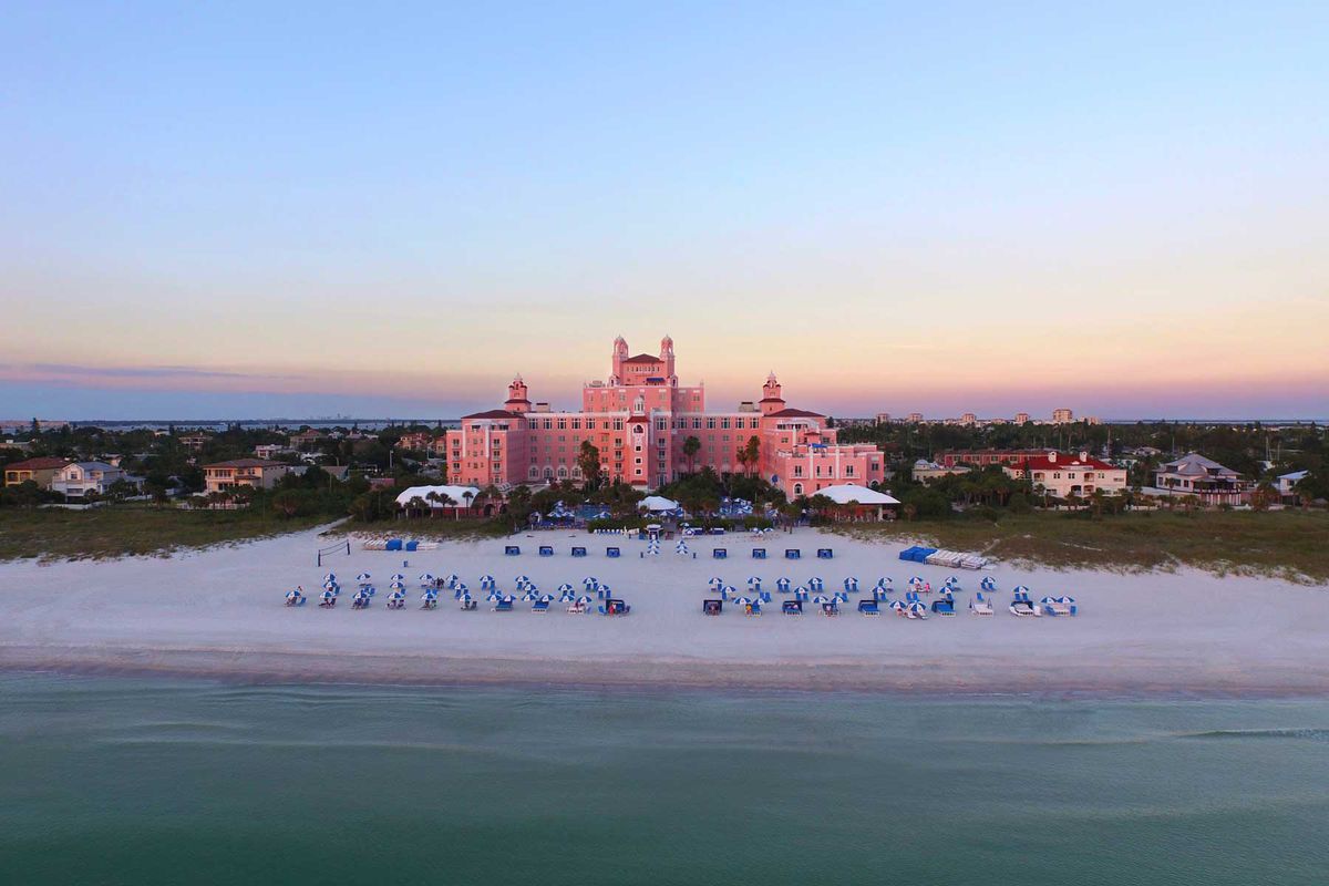Sunset view of The Don Cesar Hotel showing the beach