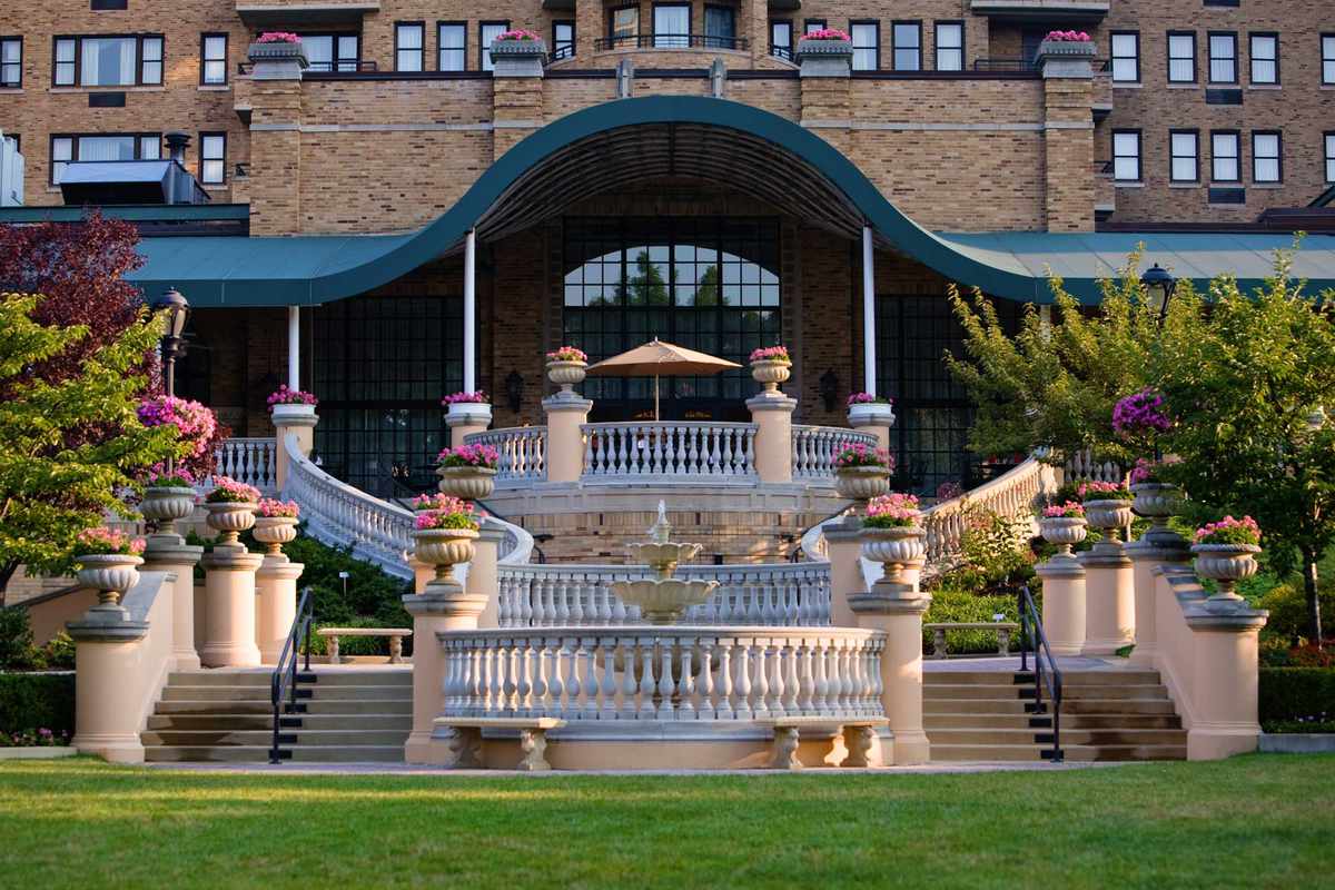 Exterior view of Omni Shoreham Hotel showing back staircase and terrace