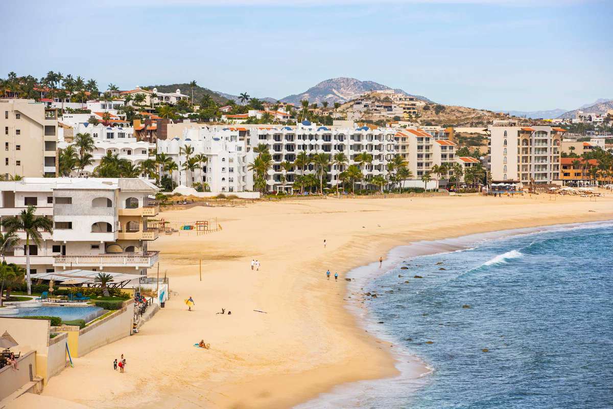 Daytime view of San José del Cabo’s Hotel zone on the beach front.
