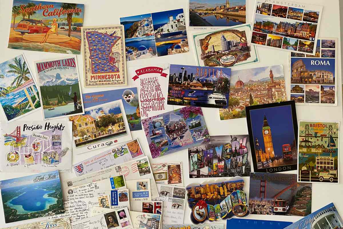Postcards from around the world scattered together