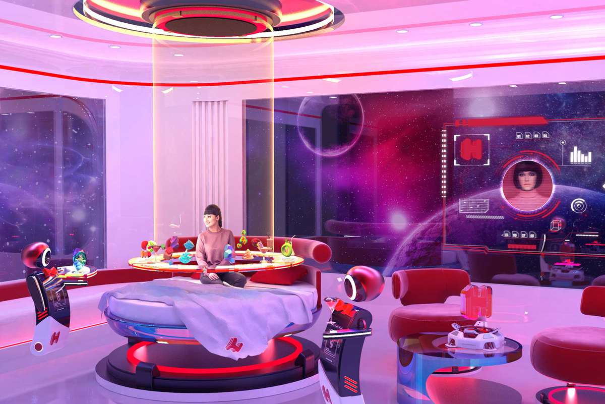 A rendering of a futuristic vision of a hotel in space showing a bedroom with a robot butler bring room service